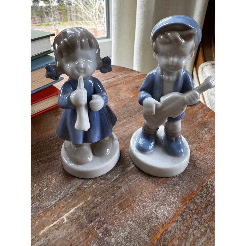 Vintage Porcelain Musical Boy and Girl Figurines Set Blue Gray Glossy 4.75 Inch